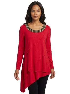 AB Studio Cottony Red Long Sleeve Top with Beaded Scoop Neck Asymmetrical